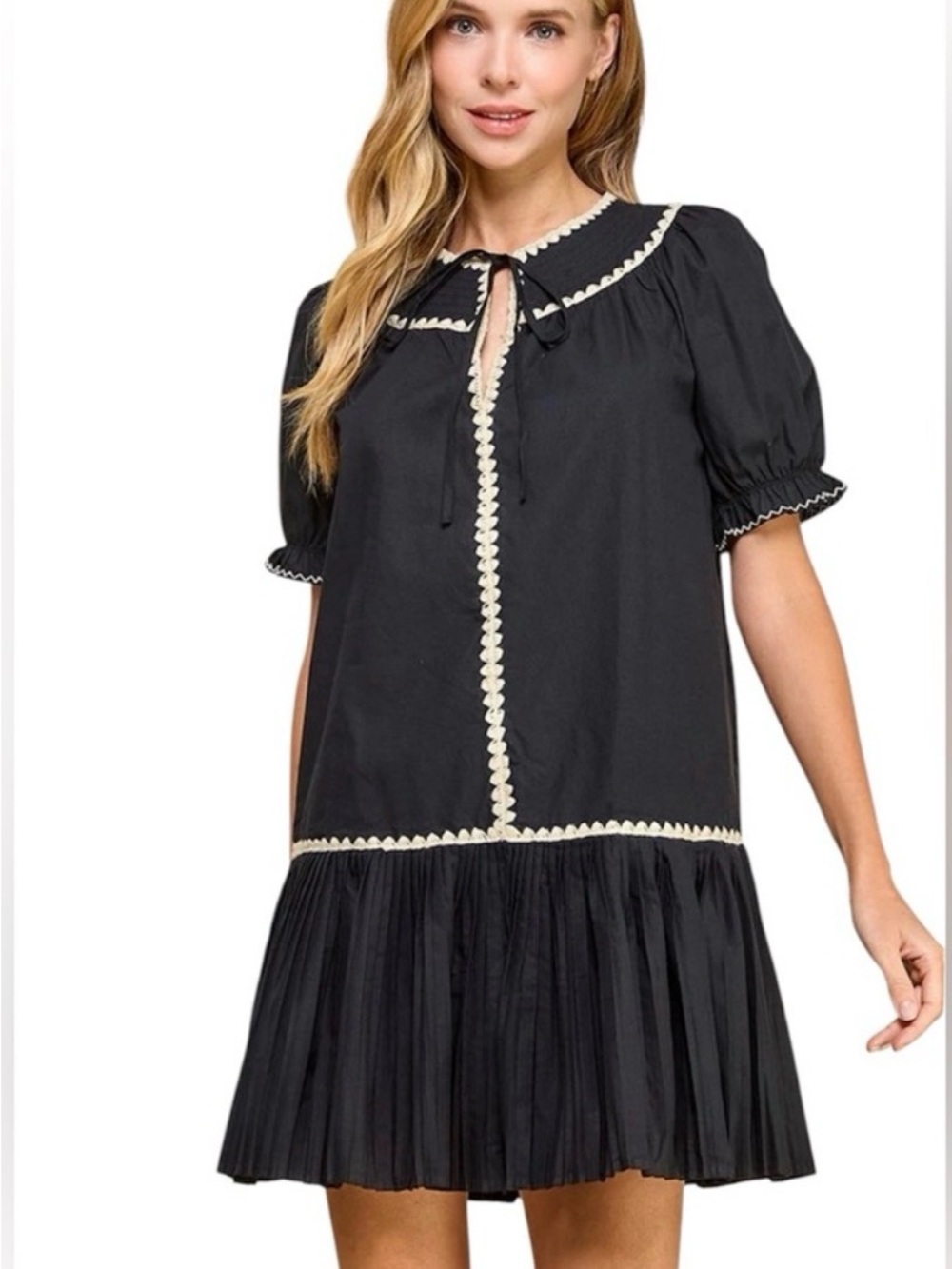 MARISA&MARIE MADE IN ITALY BLACK MINI DRESS PUFF SLEEVES CREAM TRIM SIZE LARGE